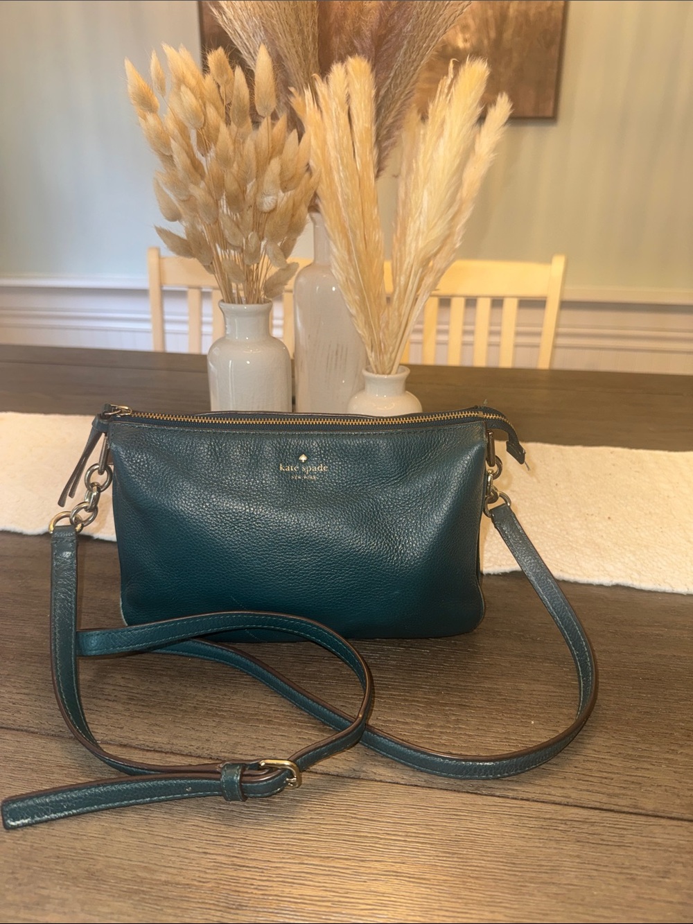 kate spade Teal Pebbled Leather Double-Zip Crossbody with Gold Hardware